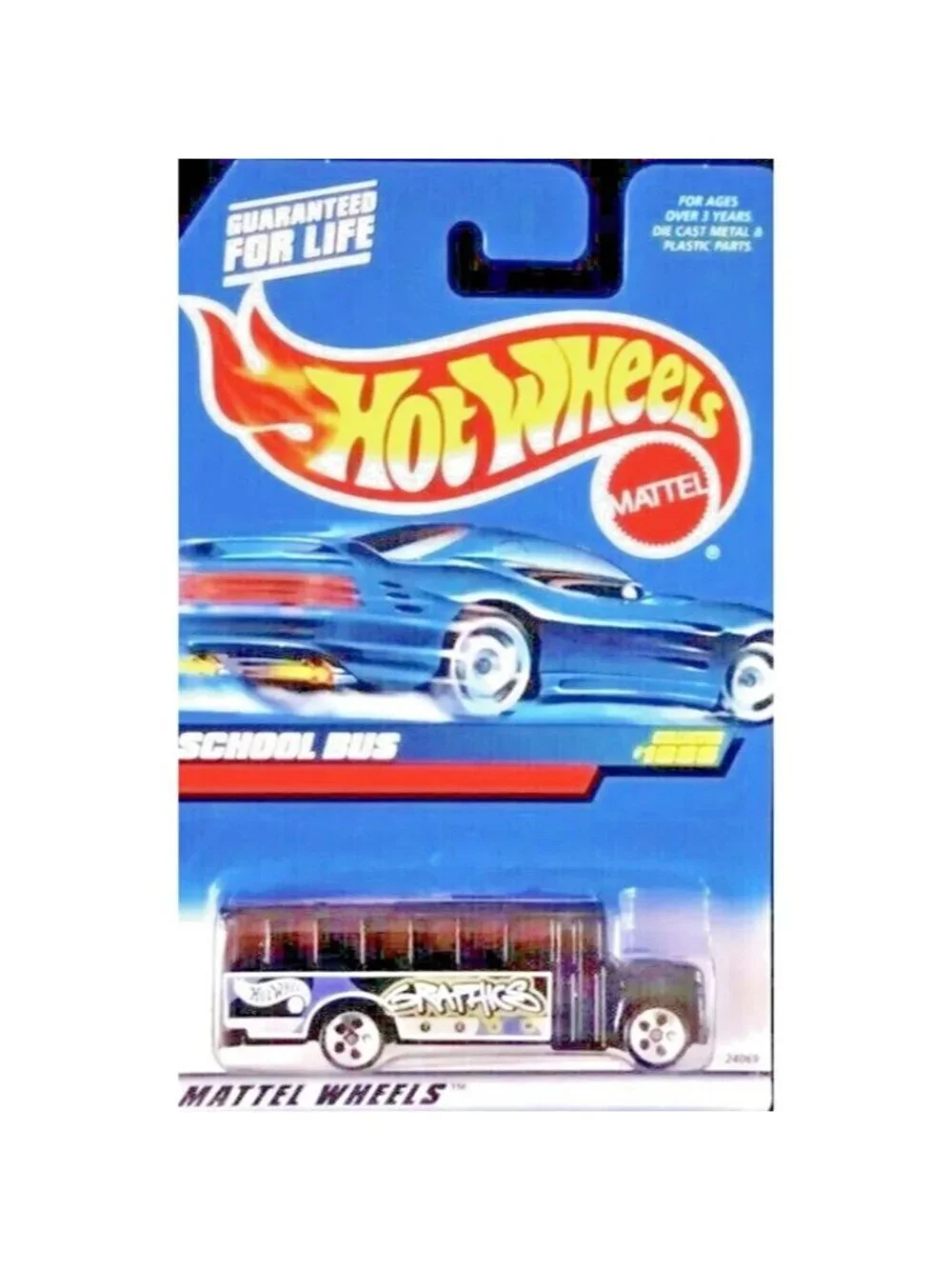 Vintage Die Cast Hot Wheels 1999 SCHOOL BUS #1055 Black Graphics 5 Hole Mattel